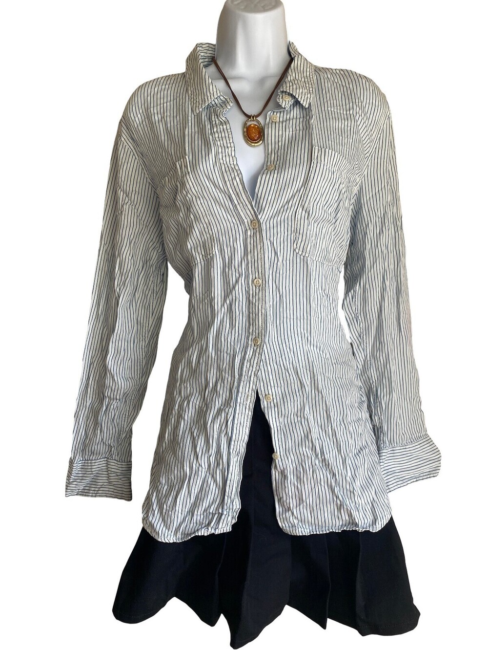 Vintage Merona Plus 2X White Blue Striped Button Up Tunic Blouse Boho Officecore
